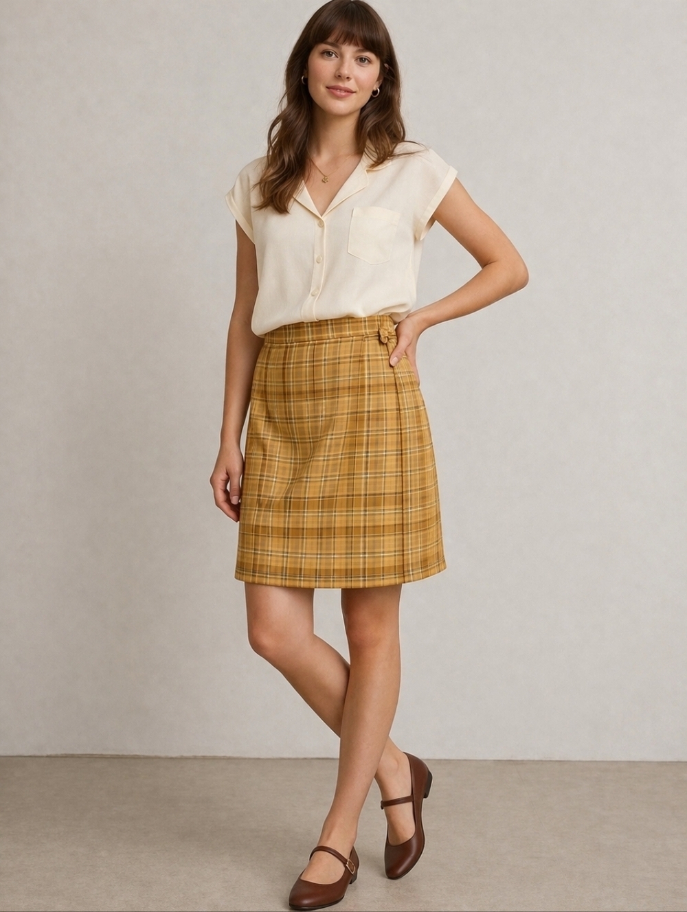 MIXIT 1990s Yellow Plaid Preppy Linen Wrap Mini Skirt